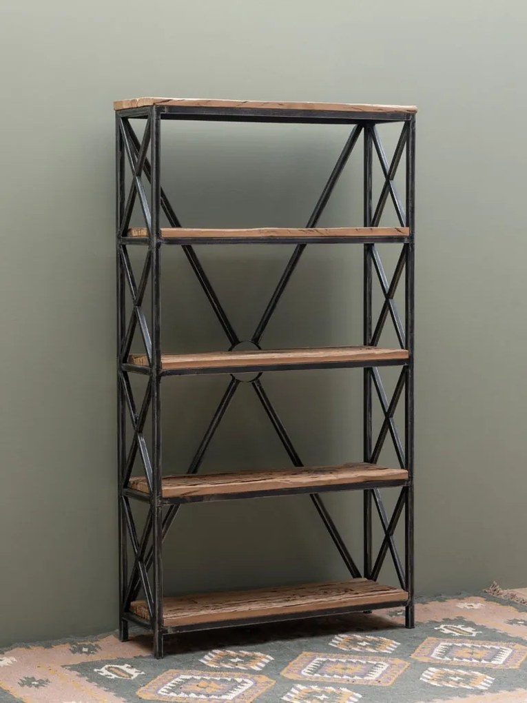 Etajera din lemn reciclat si metal, cu 4 rafturi, aspect vintage, Oregon