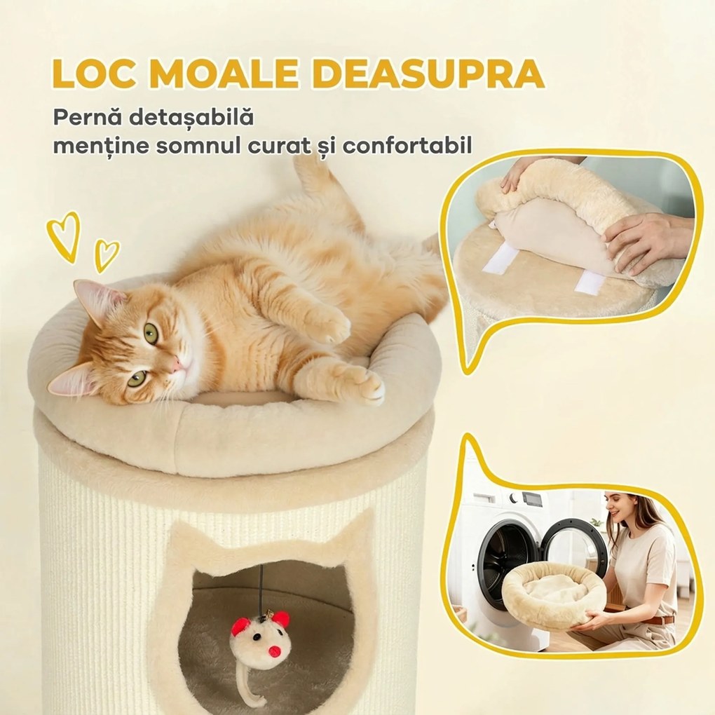 PawHut Turn de zgâriet pentru pisici de 96 cm înălțime, cu 3 căsuțe și un culcuș superior detașabil și lavabil, crem | Aosom Romania