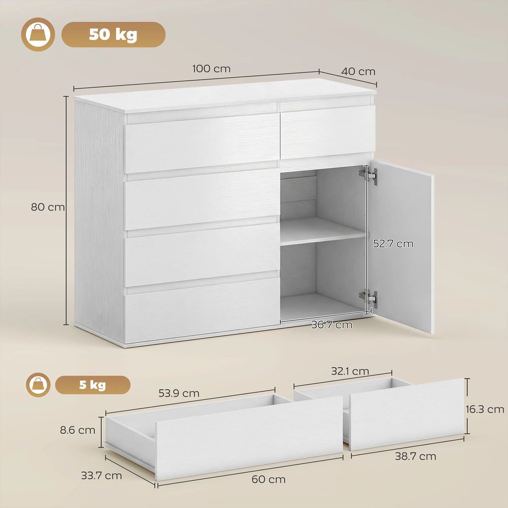 HOMCOM Bufet living, mobilier de depozitare cu 5 sertare, poliță reglabilă și ușă cu închidere silențioasă, 100 x 40 x 80 cm, alb | Aosom Romania