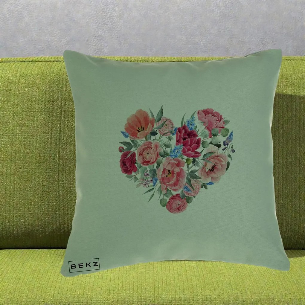 Perna Decorativa Inima din Bujori Acuarela, 40x40 cm, Verde, Husa Detasabila, Perna Inclusa, BEKZ®