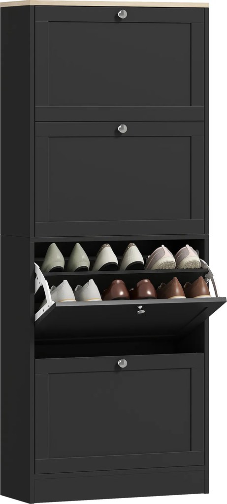 HOMCOM Dulap pentru încălțăminte 24 perechi, dulap cu 4 sertare rabatabile, etajere reglabile, 60x23,5x151cm, negru | Aosom Romania