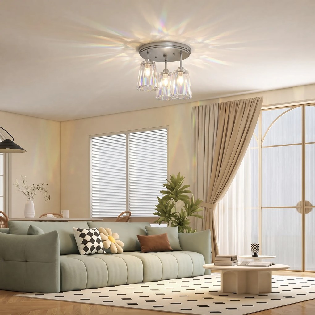 HOMCOM Plafonieră LED din Cristal cu 3 Lumini, Dulii E27, fără Becuri, pentru Living, Argintie | Aosom Romania