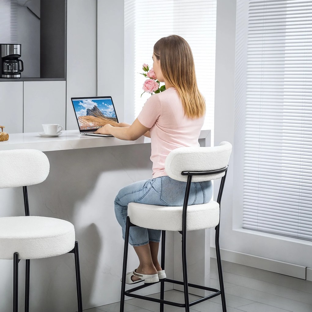 HOMCOM Set de 2 taburete de bar din țesătură bouclette, scaune de bar cu spătar curbat, suport picioare, 49x52x95cm, crem | Aosom Romania