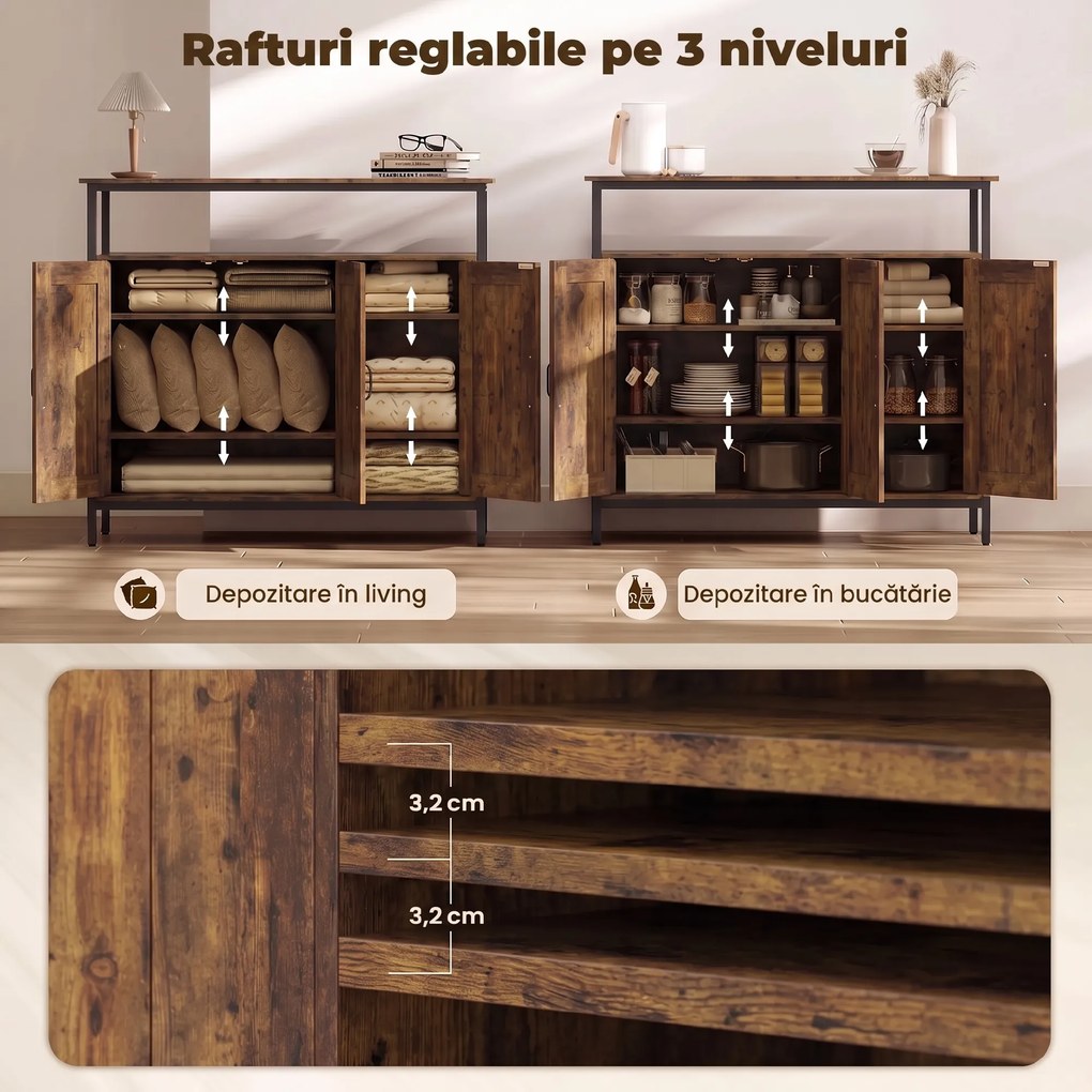 HOMCOM bufet de bucătărie cu raft deschis și 2 dulapuri, din PAL și oțel, 100x35x88 cm, maro rustic | Aosom Romania
