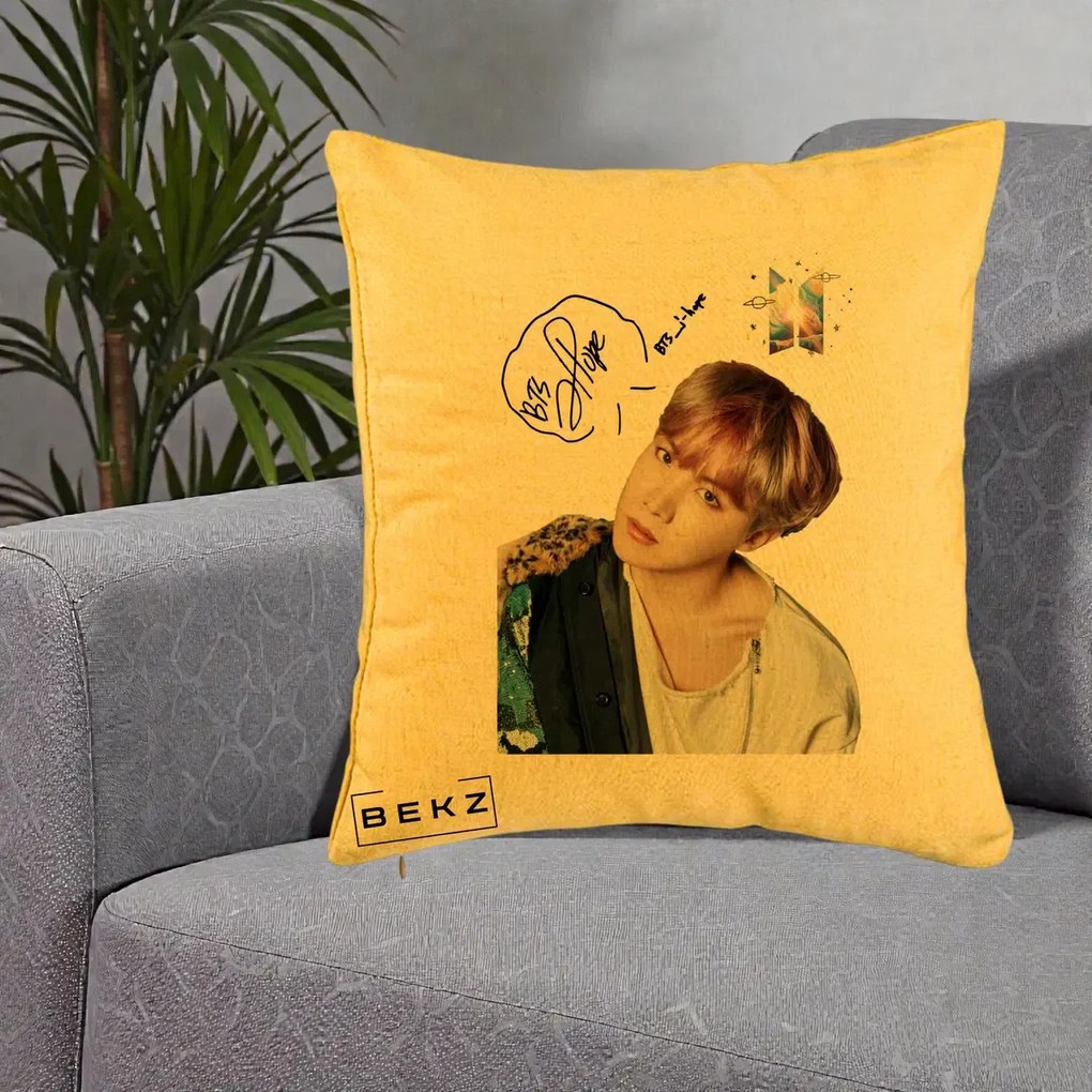 Perna personalizata K-pop BTS J-Hope Par Roz Autograf, 40x40 cm cu Umplutura, Galben, BEKZ