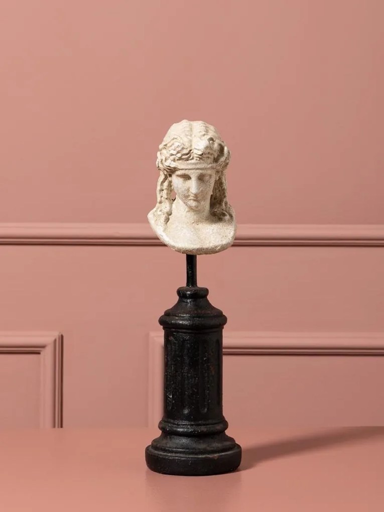 Sculptură decorativă bust de femeie din rășină natur, pe piedestal din lemn negru și tijă din metal, finisaj antichizat, 31 x 10 cm, „Livia”