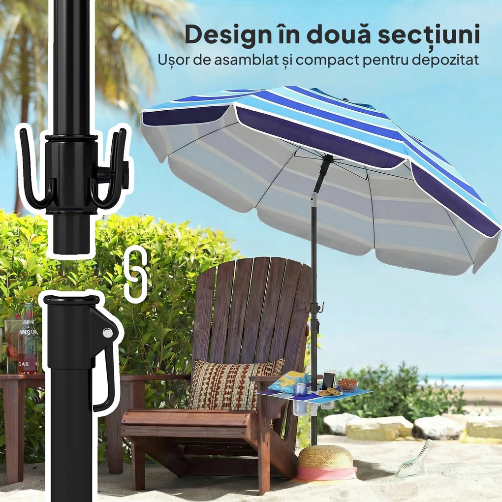 Outsunny Umbrelă de Plajă cu Măsuță și Suport pentru Pahare, din Metal și Poliester, Ø198x214 cm, Multicolor | Aosom Romania