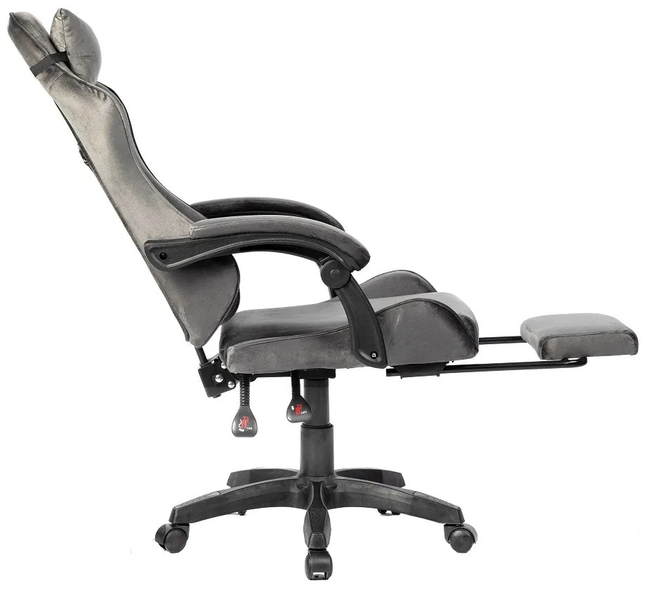 Scaun gaming, masaj în perna lombară, suport picioare, textil, Gri
