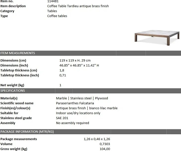 Masuta de cafea design LUX cu blat din marmura Tardieu 114481 HZ