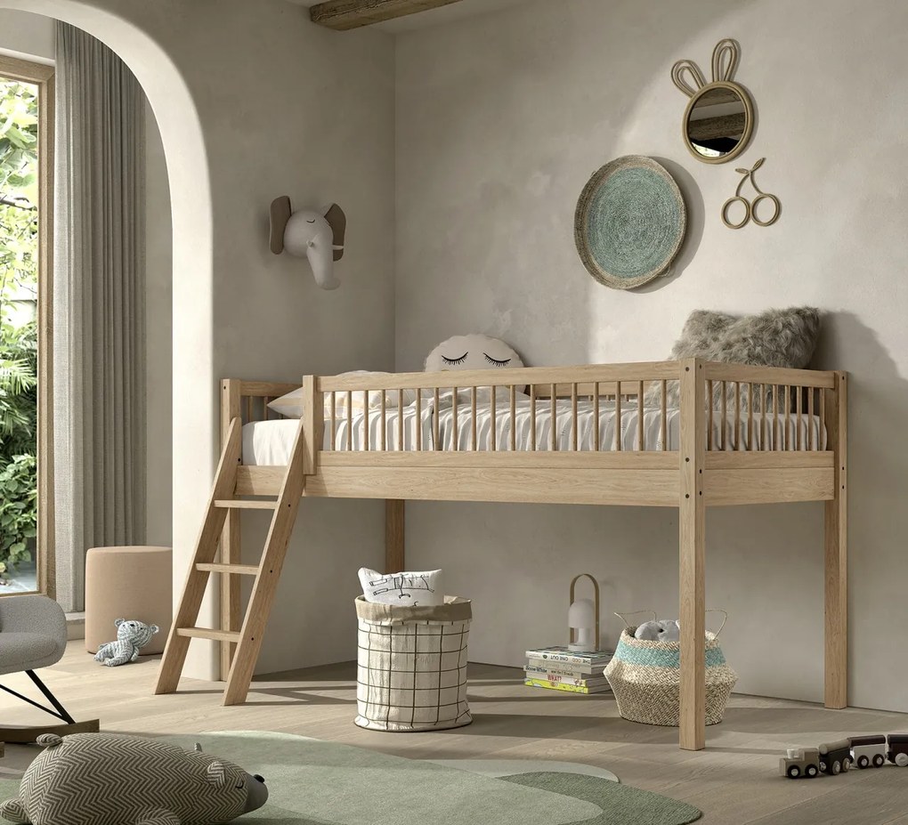 Pat Semi-Înălțat (Mid Sleeper) Forrest Beech 90x200 cm, pentru Camera Copii, din Lemn de Fag, cu Set Textil – Vipack
