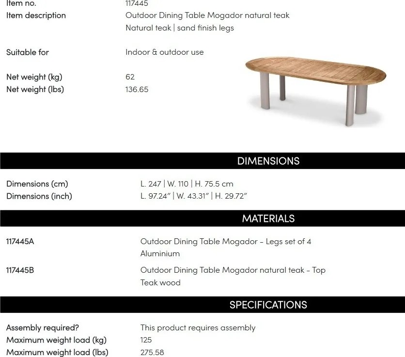 Masa pentru exterior si interior design LUX Mogador, 247x110cm