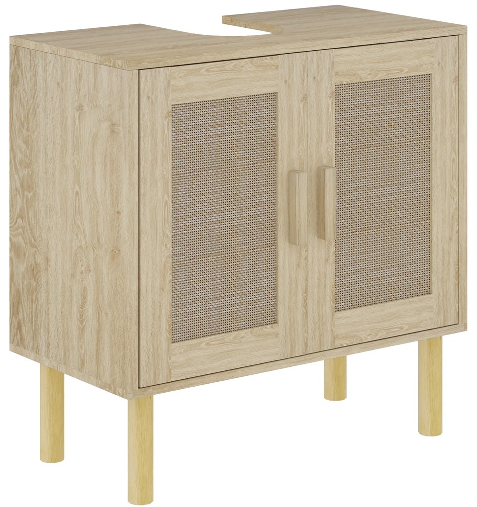 HOMCOM Mobila baie sub chiuveta mobilier sub chiuveta usi din rachita picioare din lemn de pin 2 nivele 60 x 30 x 60 cm stejar | Aosom Romania