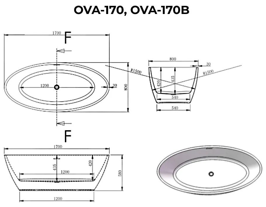 OVAL Cadă de baie freestanding, alb-negru, 170x80x58 cm