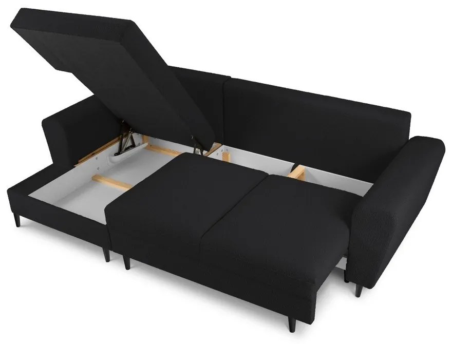 Colțar negru extensibil, cu spațiu de depozitare cu tapițerie din țesătură bouclé (cu colț pe partea stângă, cu șezlong) Kyoto – Cosmopolitan Design