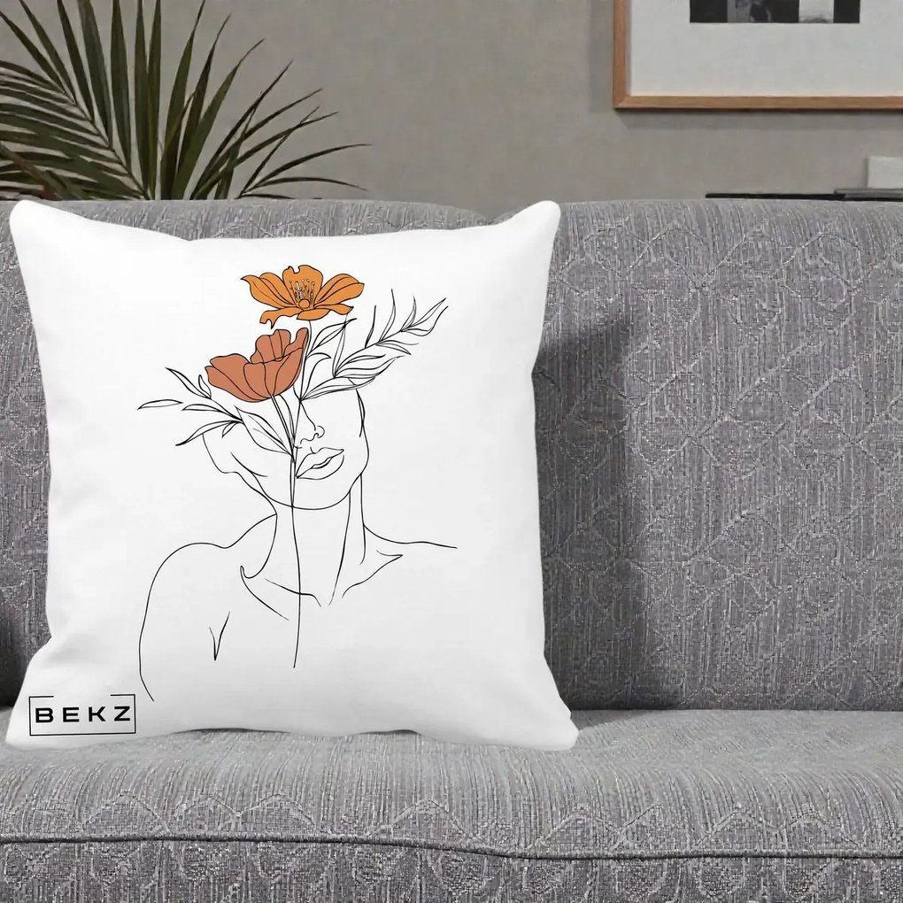 Perna Decorativa Portret Feminin Doua Flori, 40x40 cm, Alba Mata, Husa Detasabila, Perna Inclusa, BEKZ®