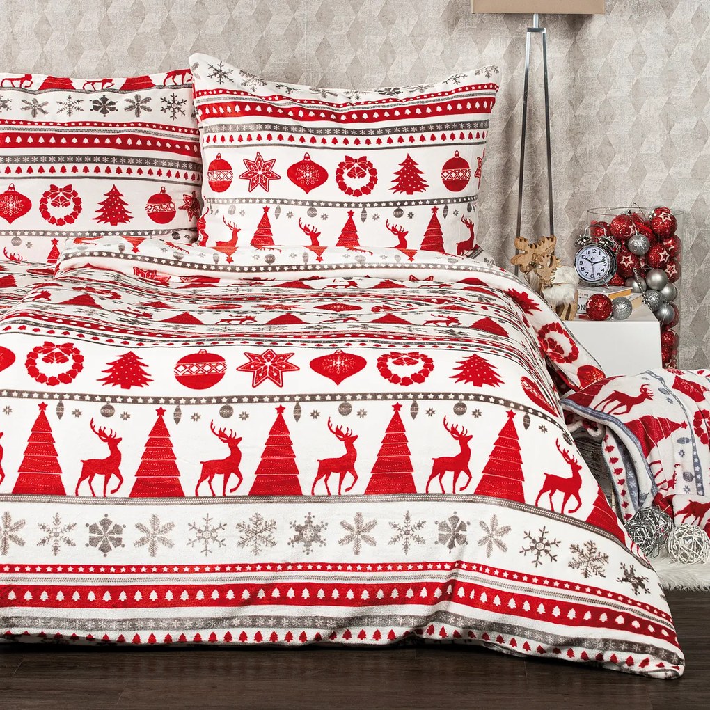 Lenjerie pat micro-flanelă Crăciun 4Home Christmas Time, roșu, 160 x 200 cm, 70 x 80 cm