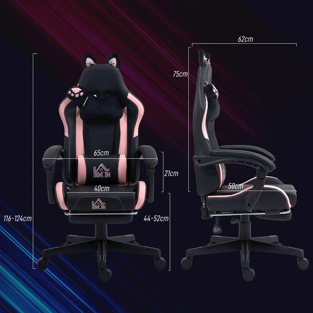HOMCOM Scaun Gaming Ergonomic cu Urechi de Pisica, Roz | Aosom Romania