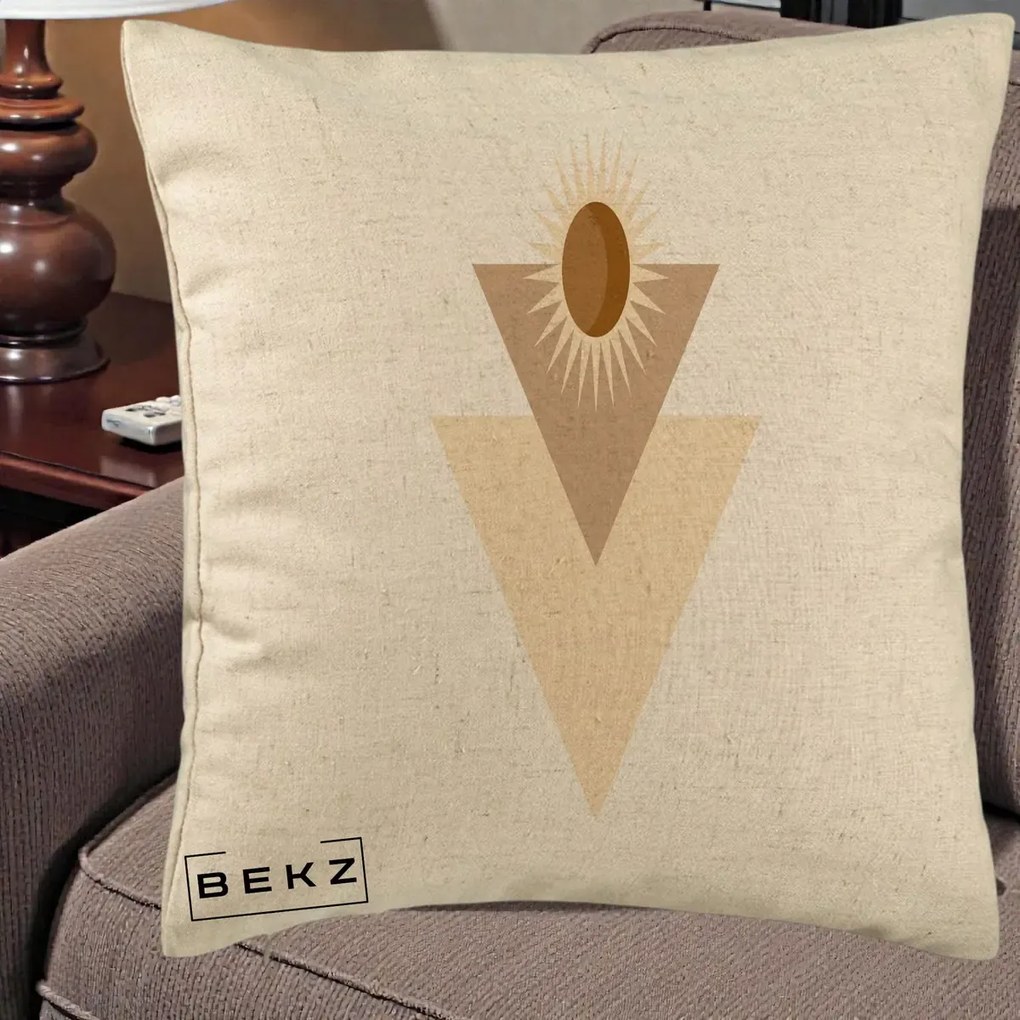 Perna Decorativa Boho Sun cu Triunghiuri Bej si Oval Solar, 40x40 cm, Bej, Husa Detasabila, Perna Inclusa, BEKZ®