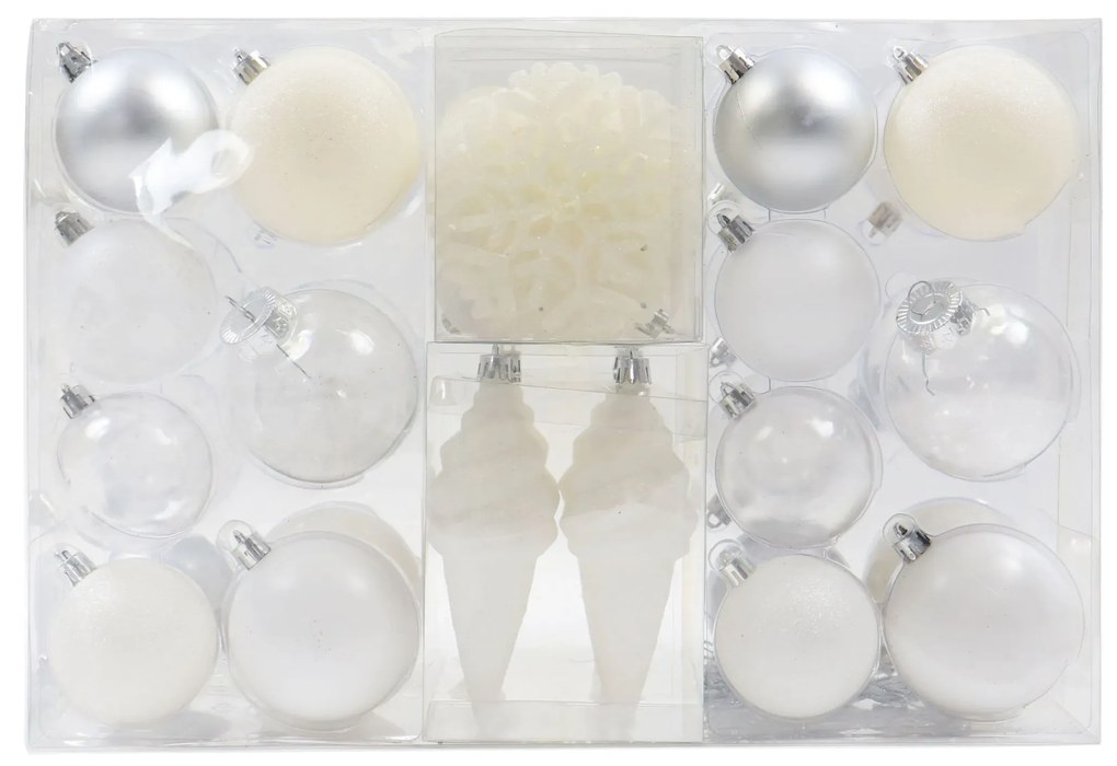 Set 44 de globuri albe,argintii si transparente,plastic