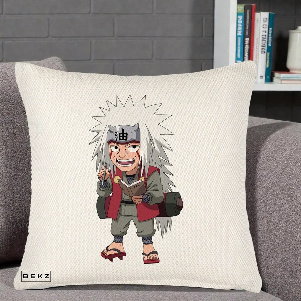 Perna Personalizata Naruto Jiraiya Sensei Chibi, 40x40 cm, Crem Reliefat, Husa Detasabila, Perna Inclusa, BEKZ®