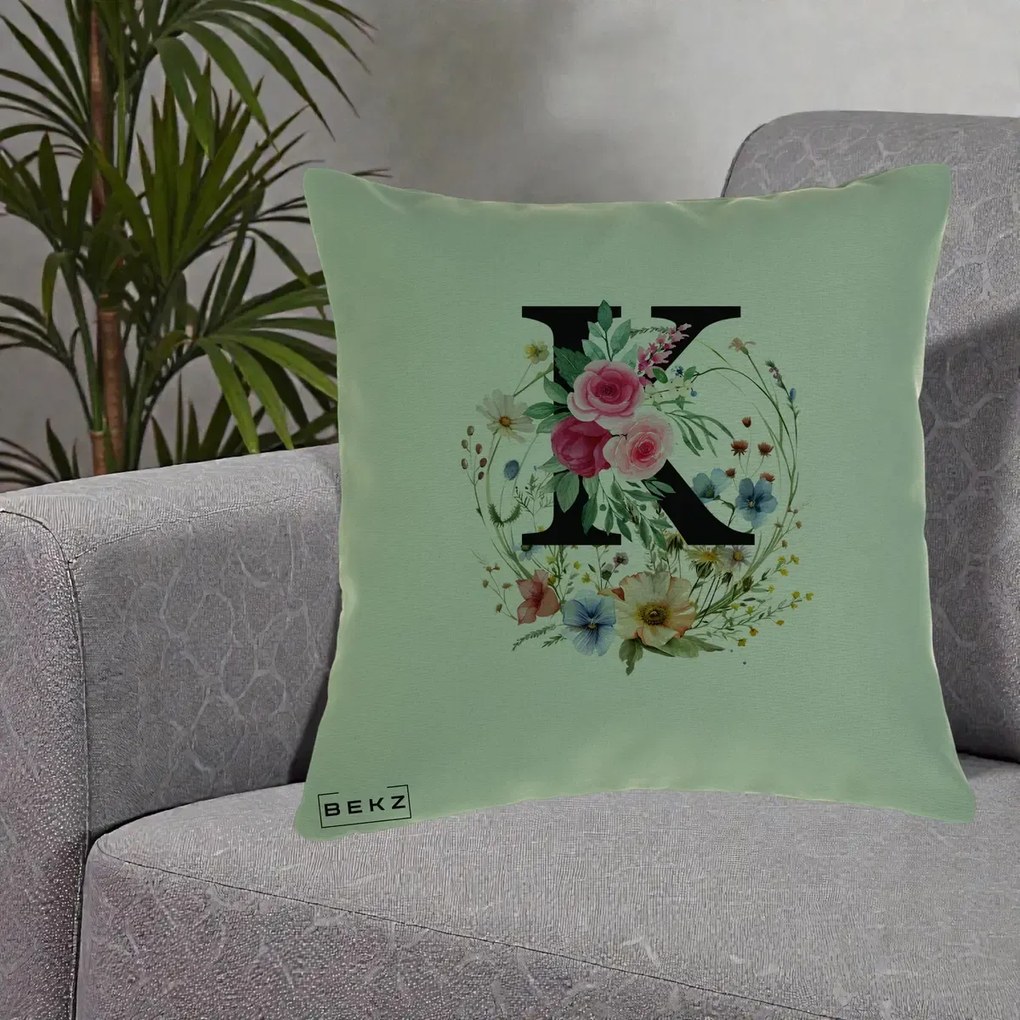 Cadou Personalizat - Perna Personalizata Monogram Litera K cu Flori Acuarela, 40x40 cm, Verde, Husa Detasabila, Perna Inclusa, BEKZ®