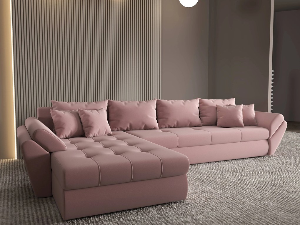 Colțar extensibil dumonde cu ladă de depozitare si sezut confortabil din spuma high-density, Loana XL Royal Roz 335x185 cm