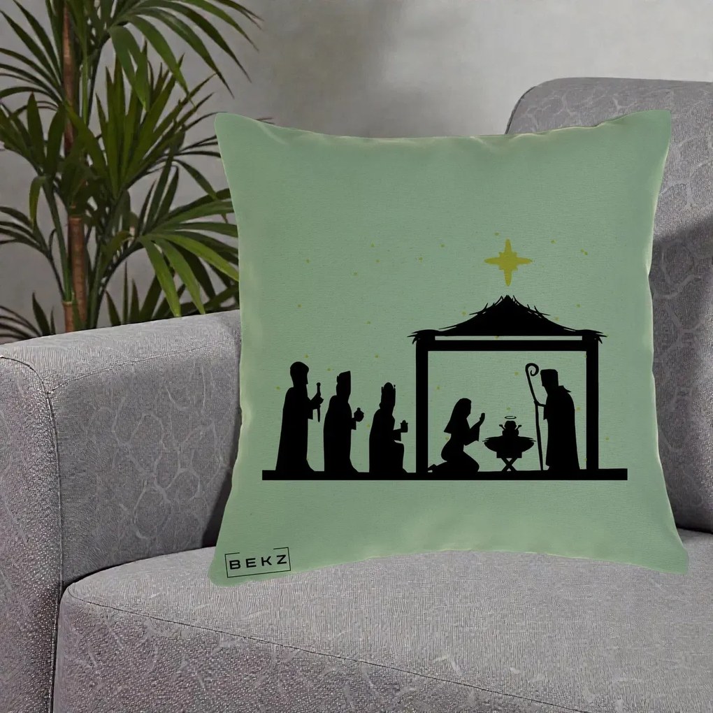 Perna Decorativa Nasterea Pruncului Silueta Neagra si Stea Aurie, 40x40 cm, Verde, Husa Detasabila, Perna Inclusa, BEKZ®