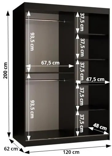 Dulap de haine Riven 2 120 (alb mat + negru mat) (cu oglindă). 1064170