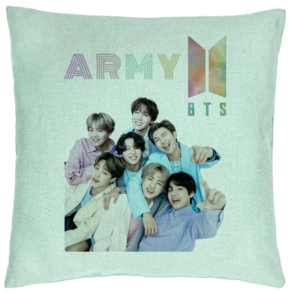 Perna Decorativa BTS Army cu Semnaturi 2, 40x40 cm, Verde Menta, Husa Detasabila, Burduf