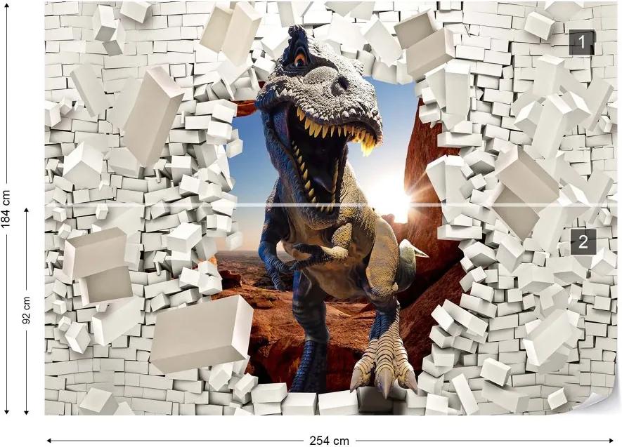 GLIX Fototapet - 3D Dinosaur Bursting Through Brick Wall Vliesová tapeta  - 254x184 cm