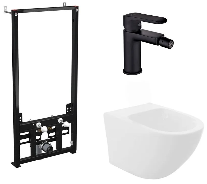 Pachet rama instalare Alca, bideu suspendat Rea Carlo alb si baterie bideu Invena Siros negru