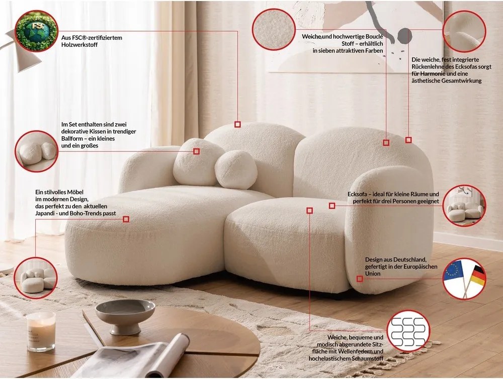 Colțar maro deschis cu tapițerie din țesătură bouclé (cu colț pe partea stângă/cu șezlong) Orbit – Ropez