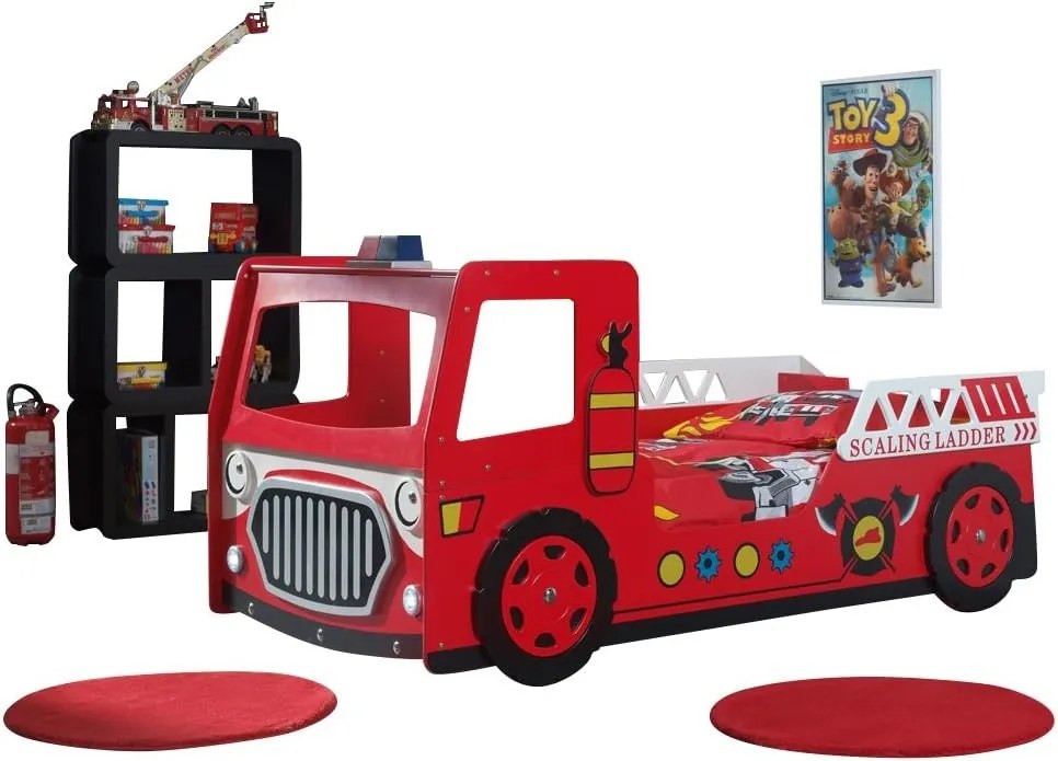 Pat Mașină de Pompieri NEW FIRE TRUCK pentru Copii, 90x200 cm, Roșu (MDF), cu Lumini LED – Auto – Vipack