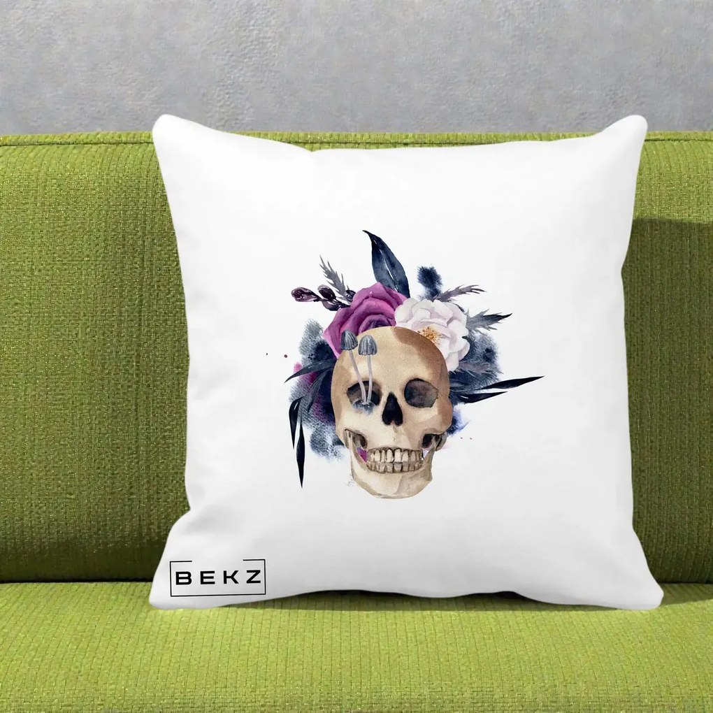 Perna Decorativa Craniu Floral cu Trandafiri si Ciuperci, 40x40 cm, Alba Mata, Husa Detasabila, Perna Inclusa, BEKZ®