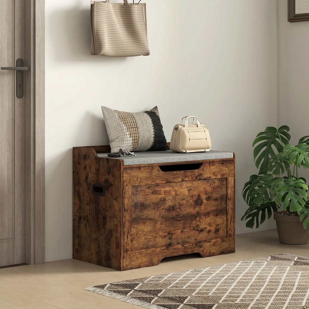 HOMCOM Bancă de Depozitare de 103L Multifuncțională, nuanță de Lemn cu Pernă din Țesătură Gri, 75x40x56 cm | Aosom Romania