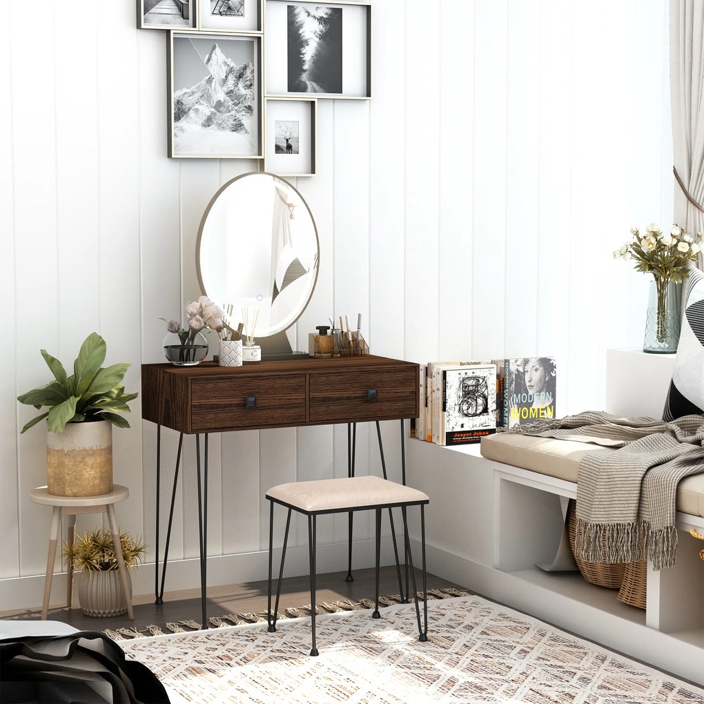 HOMCOM Masa de toaleta cu Oglinda Stil Industrial Lumini tip LED si Taburet Culoare Nuc