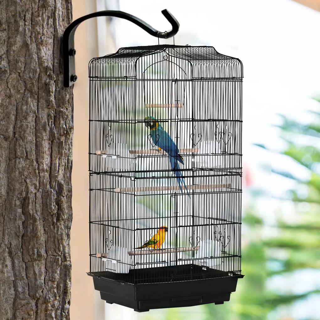 PawHut Colivie pentru Papagali cu Stinghii, Leagan și Boluri, Volieră din Metal și Plastic, 46.5x35.5x92 cm, Negru | Aosom Romania