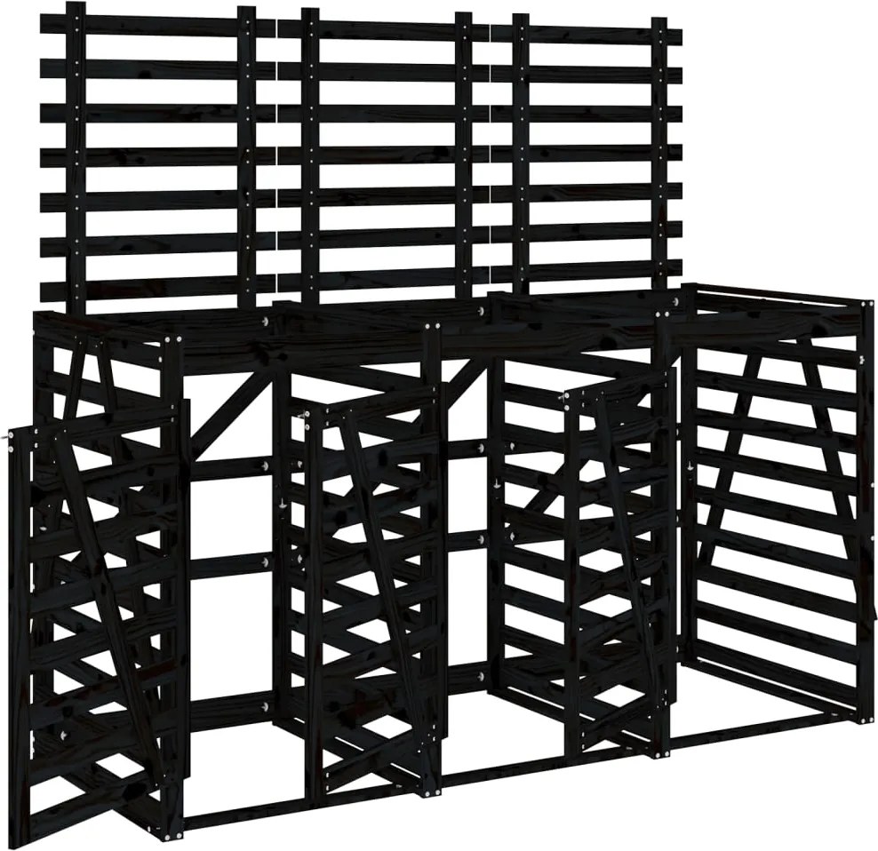 vidaXL Magazie triplă depozitare coș de gunoi, negru, lemn masiv pin