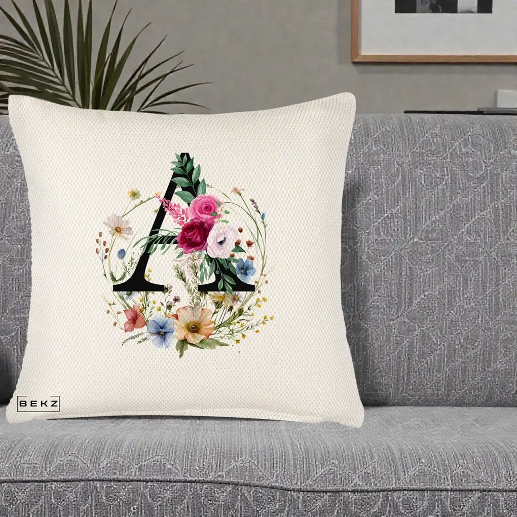 Cadou Personalizat - Perna Personalizata Monogram Litera A cu Flori Acuarela, 40x40 cm, Crem Reliefat, Husa Detasabila, Perna Inclusa, BEKZ®
