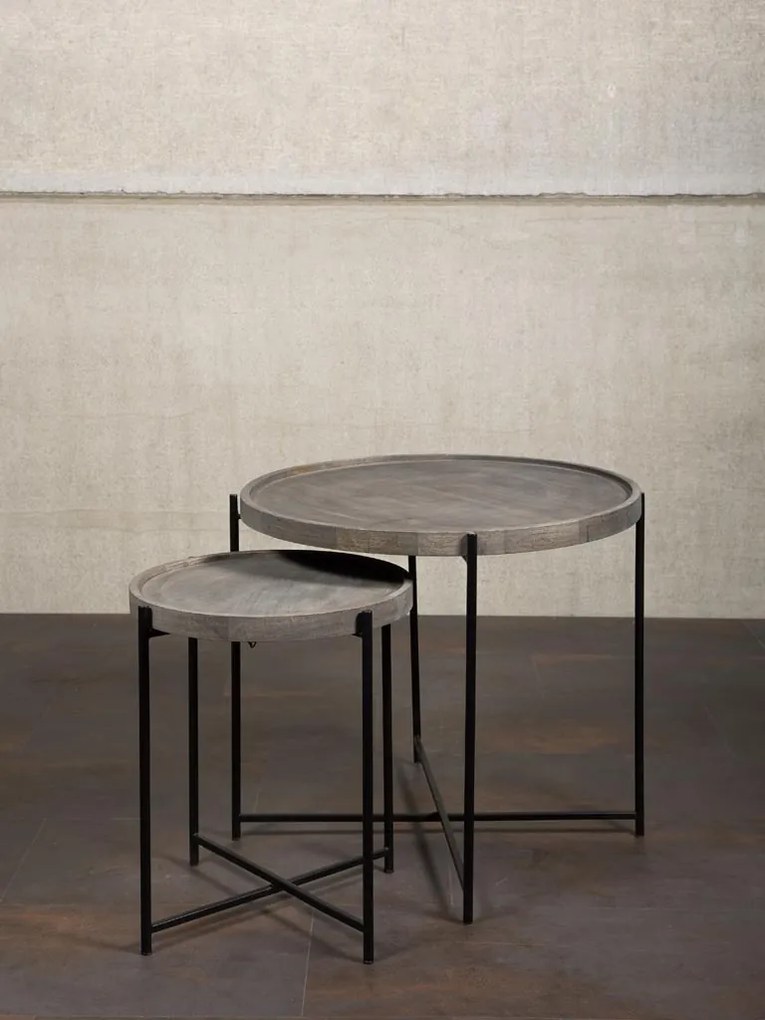 Set 2 masute laterale din metal si lemn de mango, Grey