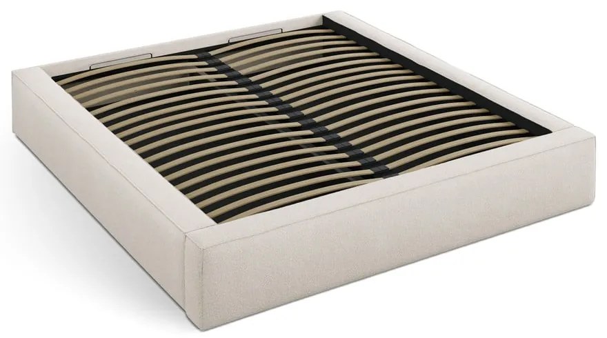 Pat matrimonial crem tapițat cu spațiu de depozitare cu somieră 160x200 cm Simon – Micadoni