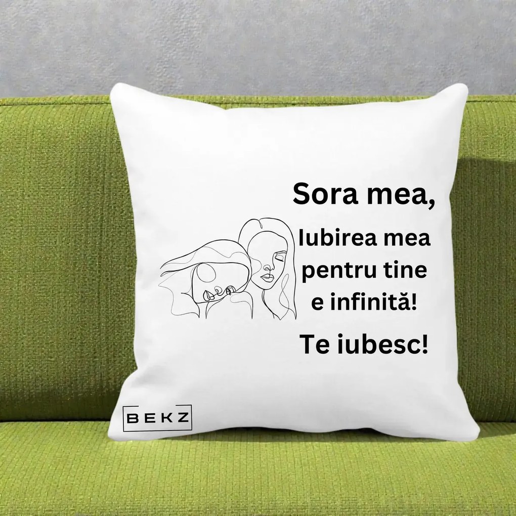 Cadou pentru Sora - Perna Personalizata Sora Mea Te Iubesc Line Art Portrete Fata in Fata, 40x40 cm, Alba Mata, Husa Detasabila, Perna Inclusa, BEKZ®