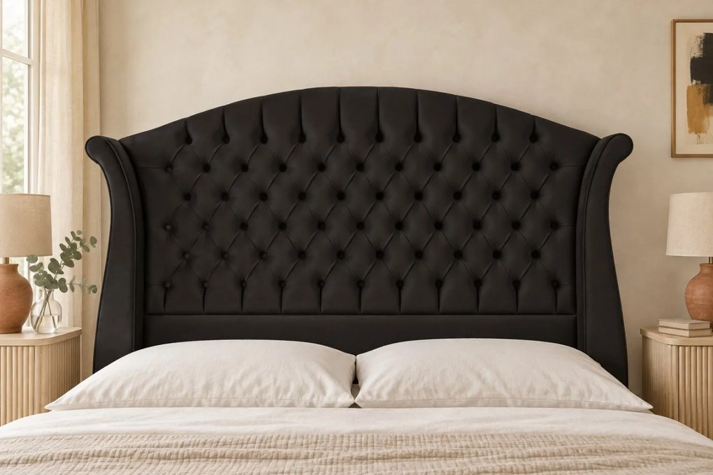 Pat tapițat Chesterfield din catifea Sorella Simple 140×200 cm, negru, cu ladă de depozitare