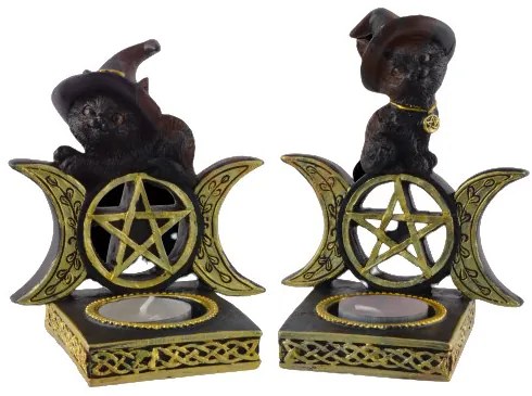 Suport lumanare Pisicuta cu Luna Tripla 13 cm