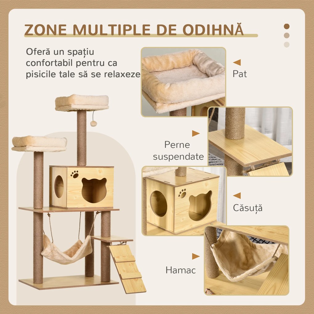 PawHut Ansamblu de joacă pentru pisici, cu hamac, paturi moi și stâlpi de zgâriat din sisal | Aosom Romania