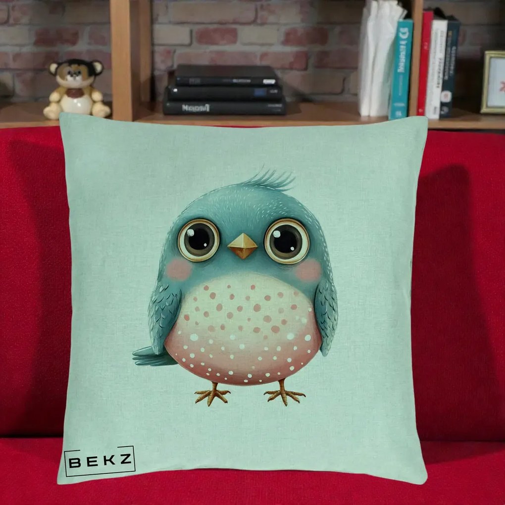 Perna Decorativa Pasare Teal-Roz cu Pete, 40x40 cm, Verde Menta, Husa Detasabila, Perna Inclusa, BEKZ®