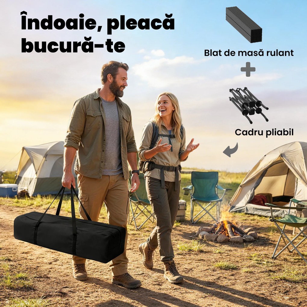 Masă de Picnic Pliabilă și Portabilă Outsunny cu Plasă de Depozitare și Geantă pentru Transport, pentru Camping și Exterior, Negru | Aosom Romania