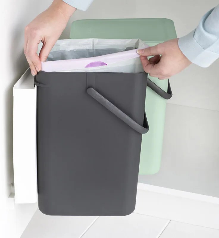Set 2 cosuri de gunoi colectare selectiva Brabantia Sort&Go 1005513, 2x12 L, Montare pe usa dulapului, Gri/Verde