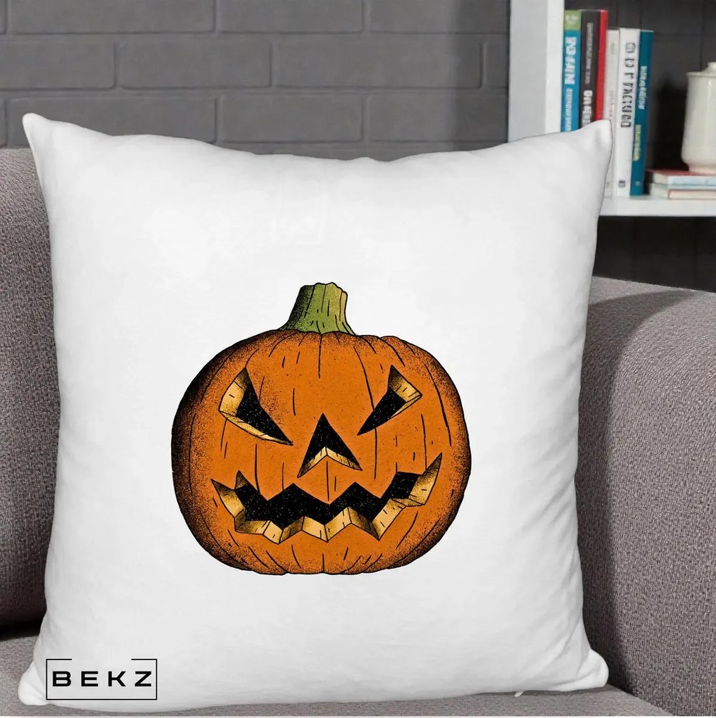 Perna Decorativa Halloween Dovleac Portocaliu Clasic, 40x40 cm, Alb Pufos, Husa Detasabila, Perna Inclusa, BEKZ®