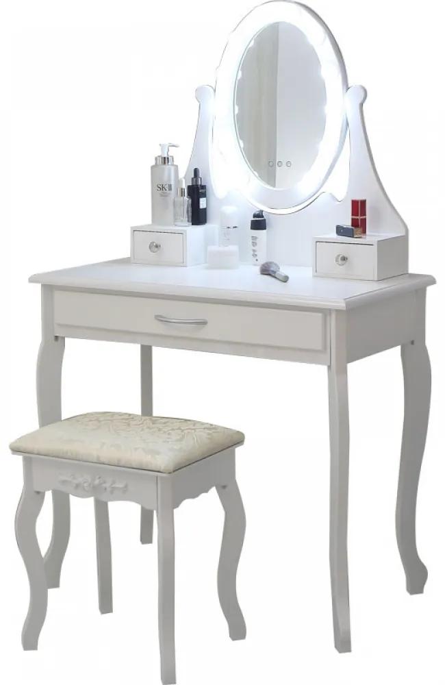 Set Maria, masă de toaletă cu oglindă iluminată LED, control touch, 3 sertare, scaun, Alb